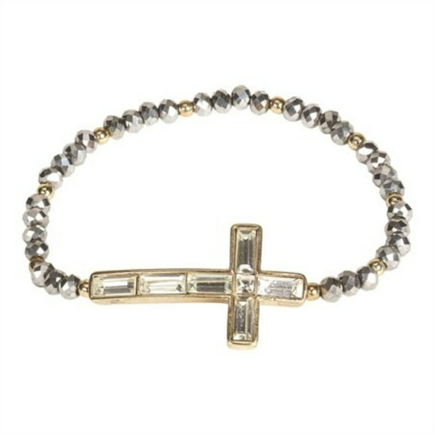 3 Pack Gold Finish Cross Bracelet Crystal Beads Stretch 